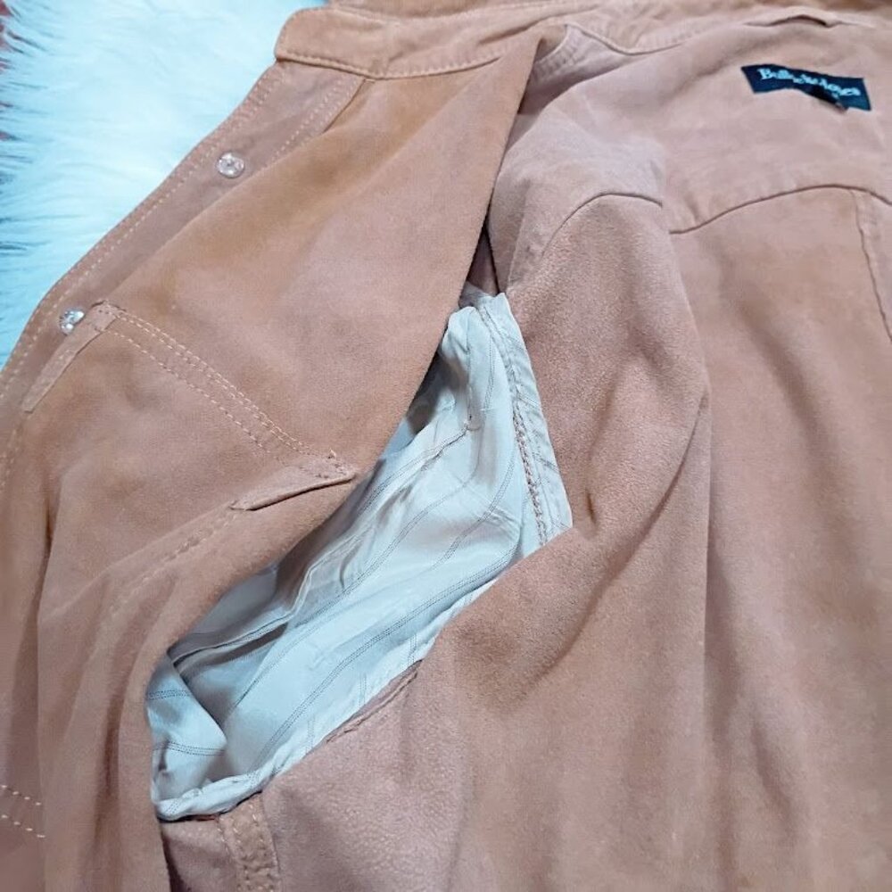 Bullock & Jones Mens Medium Suede Button-Up Shirt In Tan With Double Flap Pocket - Picture 16 of 16